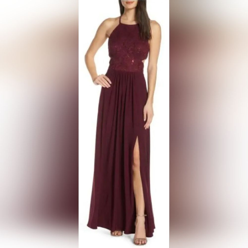 Morgan & Co size 7 Burgundy Strappy Back Sequin Lace Evening Dress NWOT